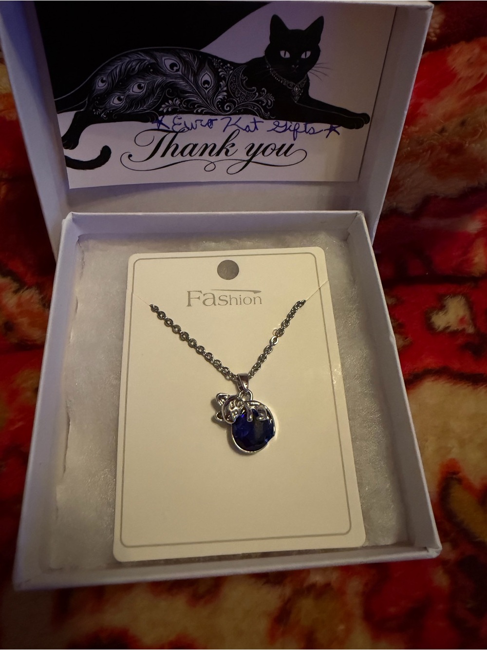 .925 Silver Necklace with Cat hug over Blue Gem Stone Pendant 18-22” chain NEW